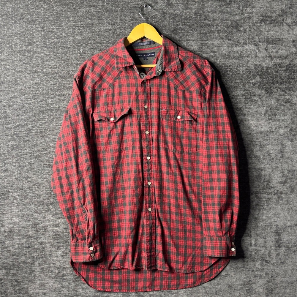 Pearl Snap Tommy Hilfiger Mens Large Red Grey Plaid Western Flannel Shirt L Cozy